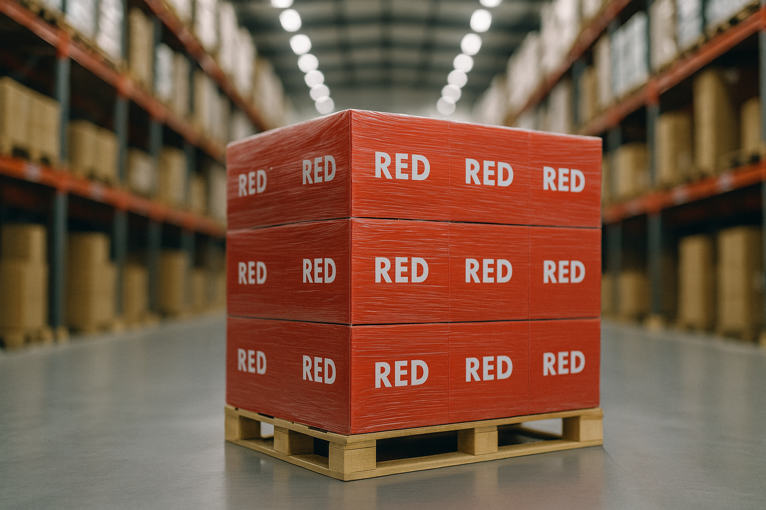 Pallet of RED Lubricants cartons in warehouse reflecting efficient logistics