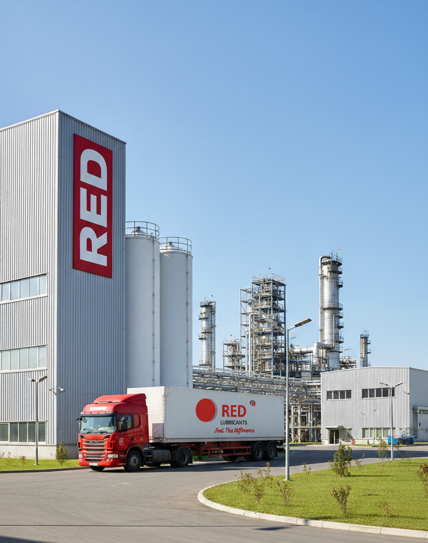 RED Lubricants European manufacturing facility with logistics truck and process units.